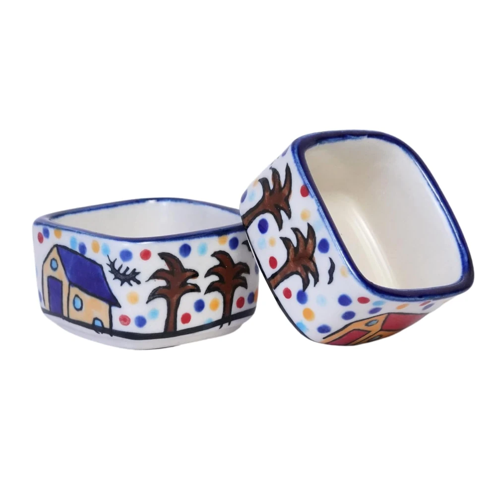 HOUSELA Handpainted Hut Ceramic Dip Bowl/Chutney Bowl/Pickle Bowl/Sauce Serving Bowl Set of (50 ML, Small, 2-Pieces, Multicolour, Cartoon Shape Square)