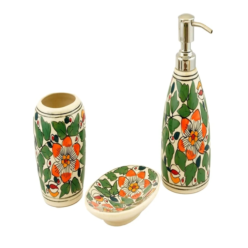 Rudrart Creations Decorated Floral Design Ceramic Bath Decor Bathroom Accessory Set of 3 (Liquid Soap Dispenser, Toothbrush Holder, Soap Tray)