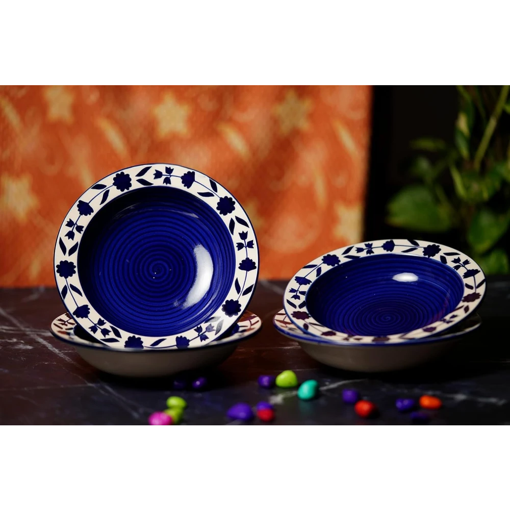 HOUSELA Round Printed Dinner Plate Lightweight & Durable, Made of Ceramic, Microwave & Dishwasher Safe, Elegant Crockery for Dining & Gifting Blue and beige plate set