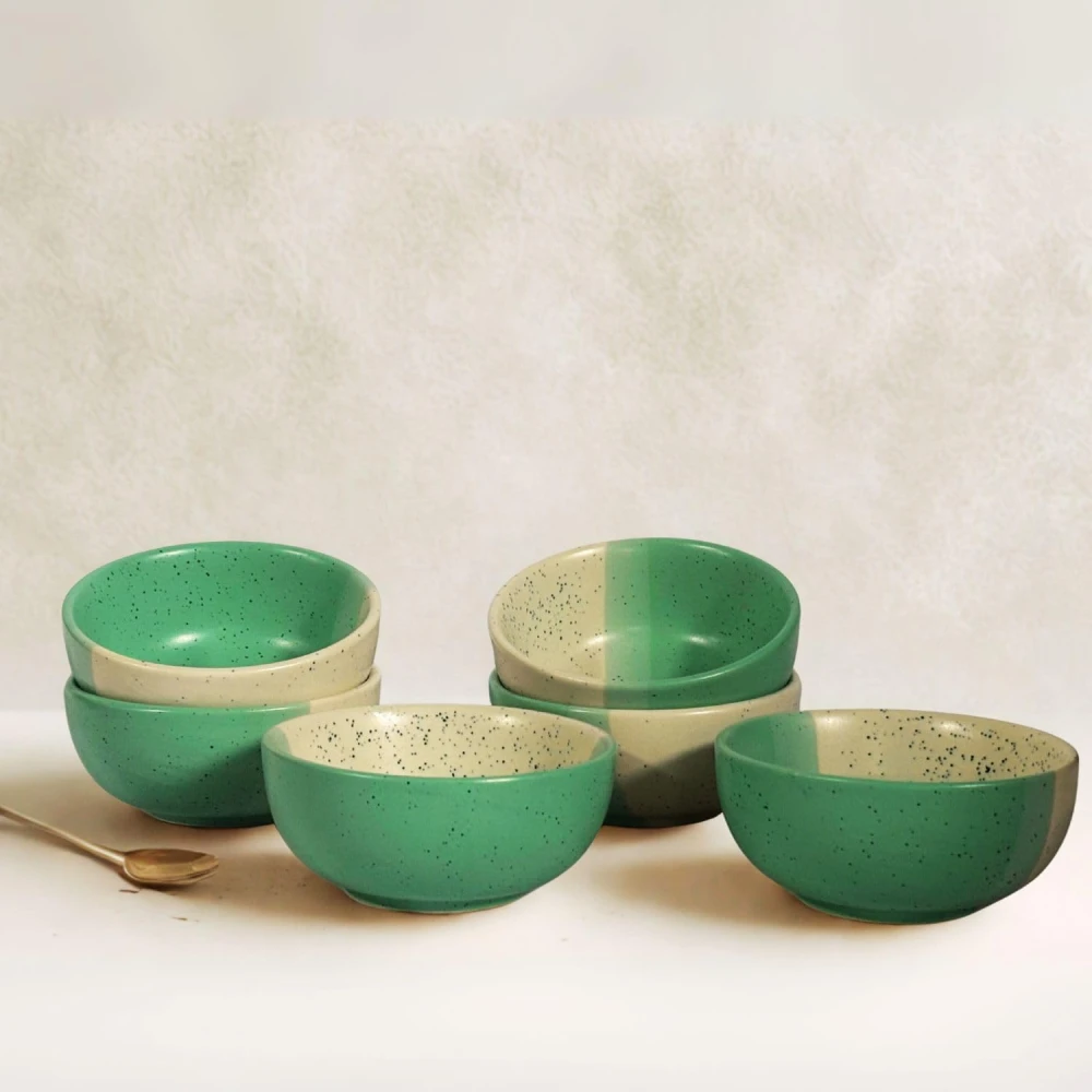 HOUSELA Handmade Dual-Tone Ceramic Bowls Set of 6 – Speckled Green & White Serving Bowls