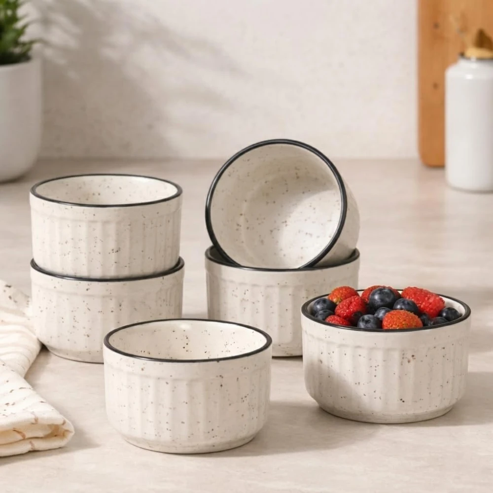 Ceramic Serving Ramekin Bowls Set of 6 | Oven Safe & Microwave Safe Mini Baking Cups for Souffle, Custard, Dips, Chutney, Sauce & Desserts | Dishwasher Safe, White