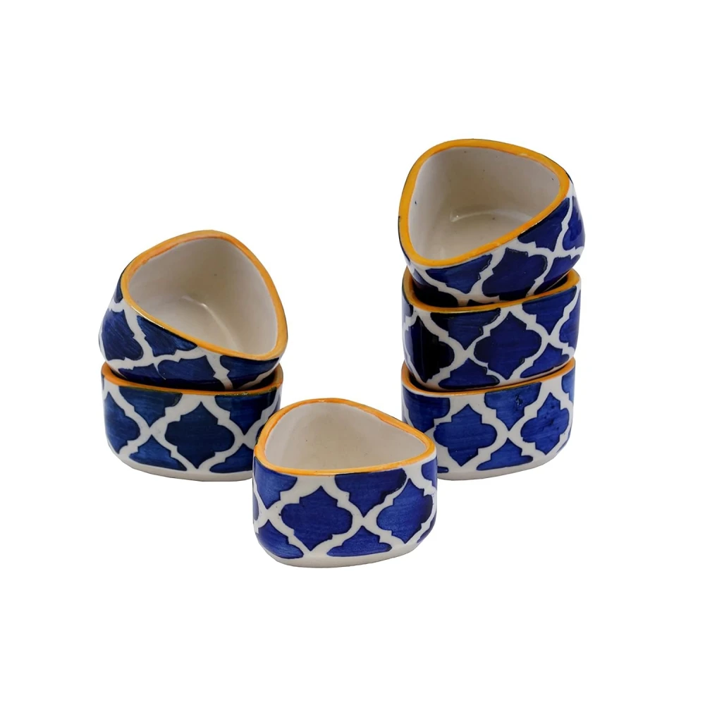 Rudrart Creation Ceramic Handpainted Moroccan Studio Pottery Chutney Bowl/Small Serving Bowls for Ketchup, Pickles Set, 40ml Each (Blue, Set of 6)