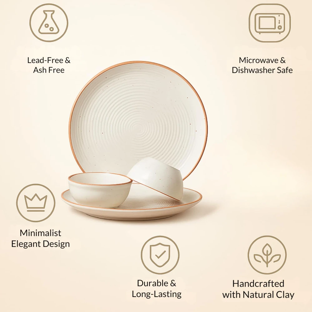 Housela Stoneware Ceramic Solid Dinner Set of 4 Pieces for Dinner with Katoris (4 Pieces, 2 Bowl & 2 Plates, Dishwasher & Microwave Safe)-Dinner Sets Ceramic Bowls Set Dinnerware Sets-Off White