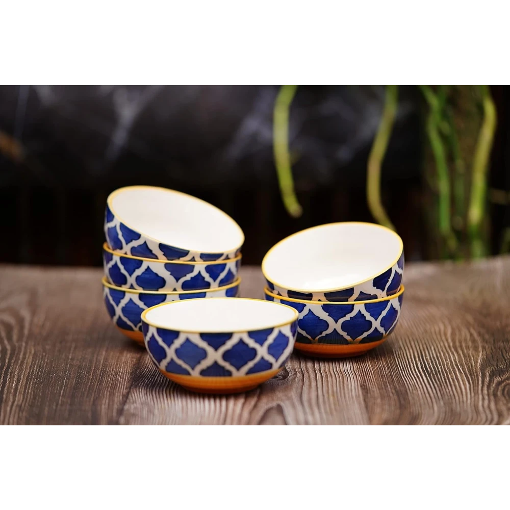 HOUSELA Creations Hand-Painted Umrao-Moroccan Design Bowls Set | Perfect for Serving Snacks, Rice, Dal, Fruits, Salad | BPA & Lead-Free Ceramic Dinner Bowls for Safe