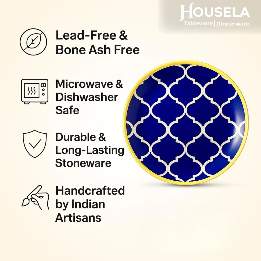 Morrocan/Umrao Ceramic Plates for Dinner with Katoris (12 Pieces, 6 Bowl & 6 Plates, Dishwasher & Microwave Safe) -Dinner Sets -(Blue & Yellow)