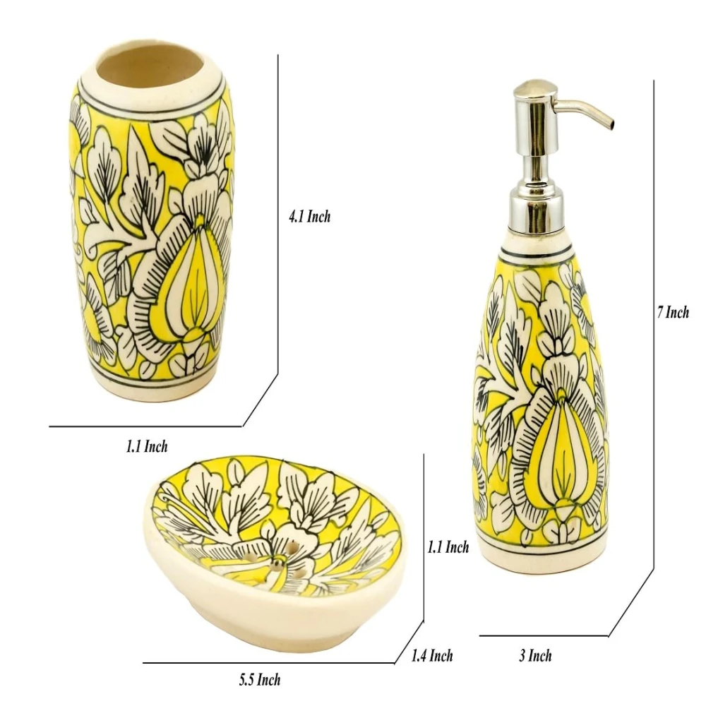 Rudrart Creations Decorated Floral Design Ceramic Bath Decor Bathroom Accessory Set of 3 (Liquid Soap Dispenser, Toothbrush Holder, Soap Tray)