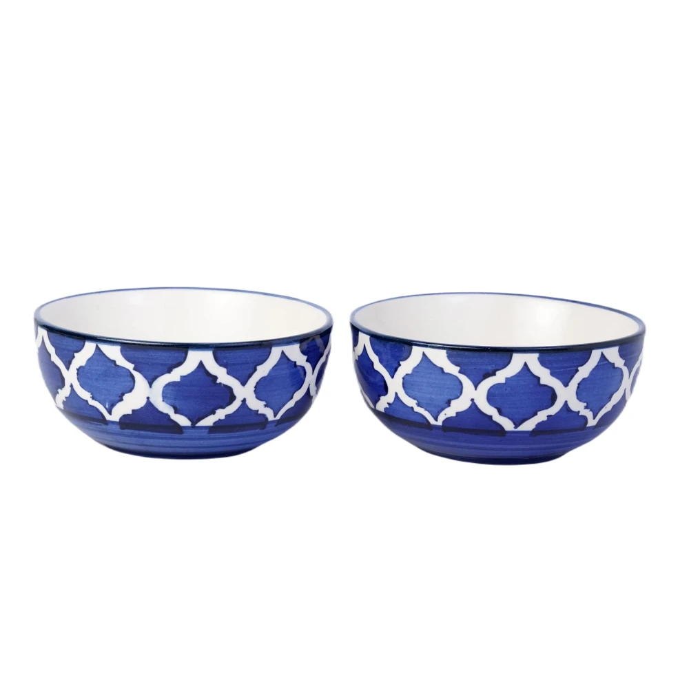 Rudrart Creations Hand-Painted Umrao/Moroccan Design Handpainted Bowls Set in Blue and White Color for Vegetable Bowl/Dessert Bowl/Soup Bowl (Multicolor, Pack of 2)