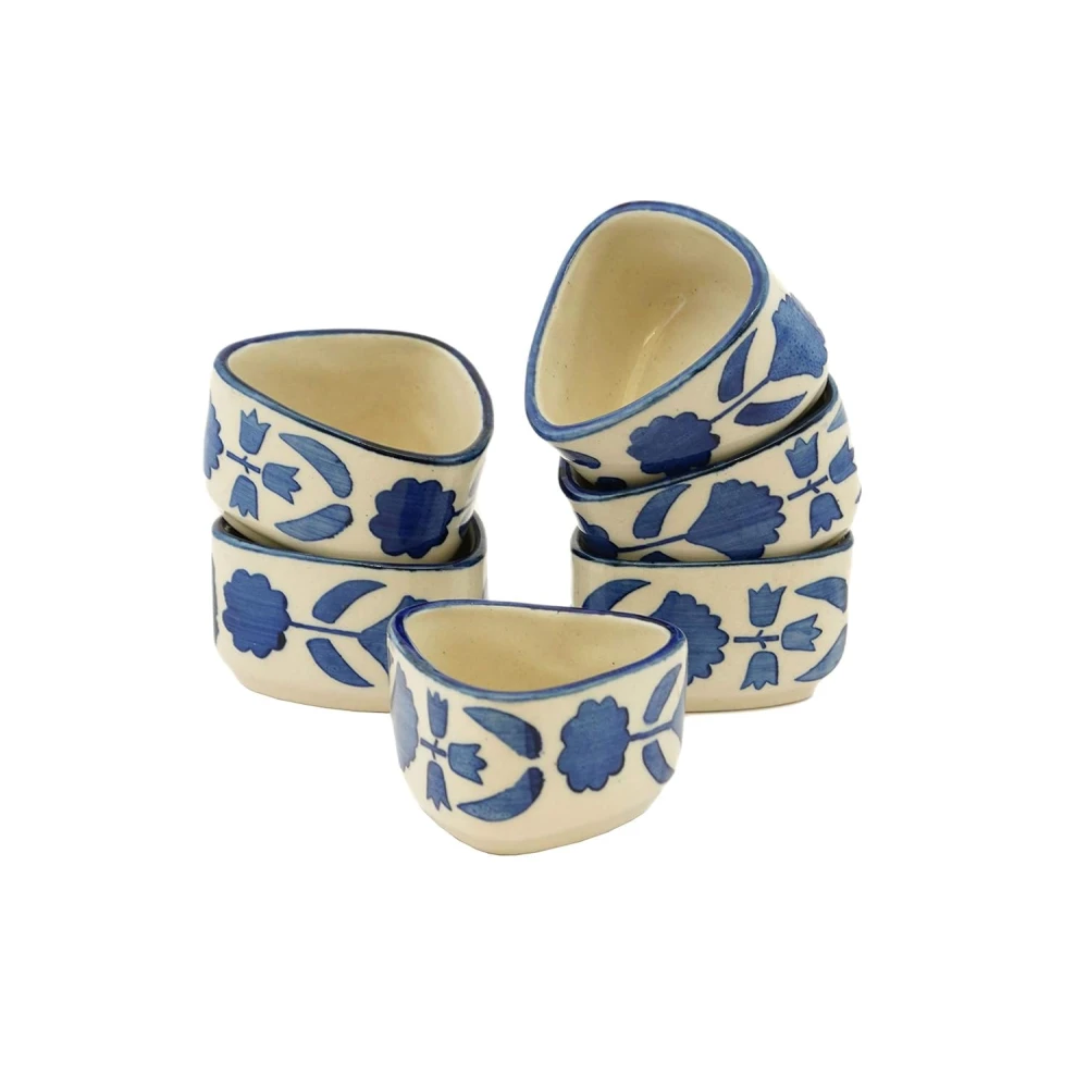 Rudrart Creation Handpainted Floral Studio Pottery Ceramic Chutney Bowl | Dip & Sauce Bowls | Small Katori Set 40 ml Each (Blue, Set of 6)