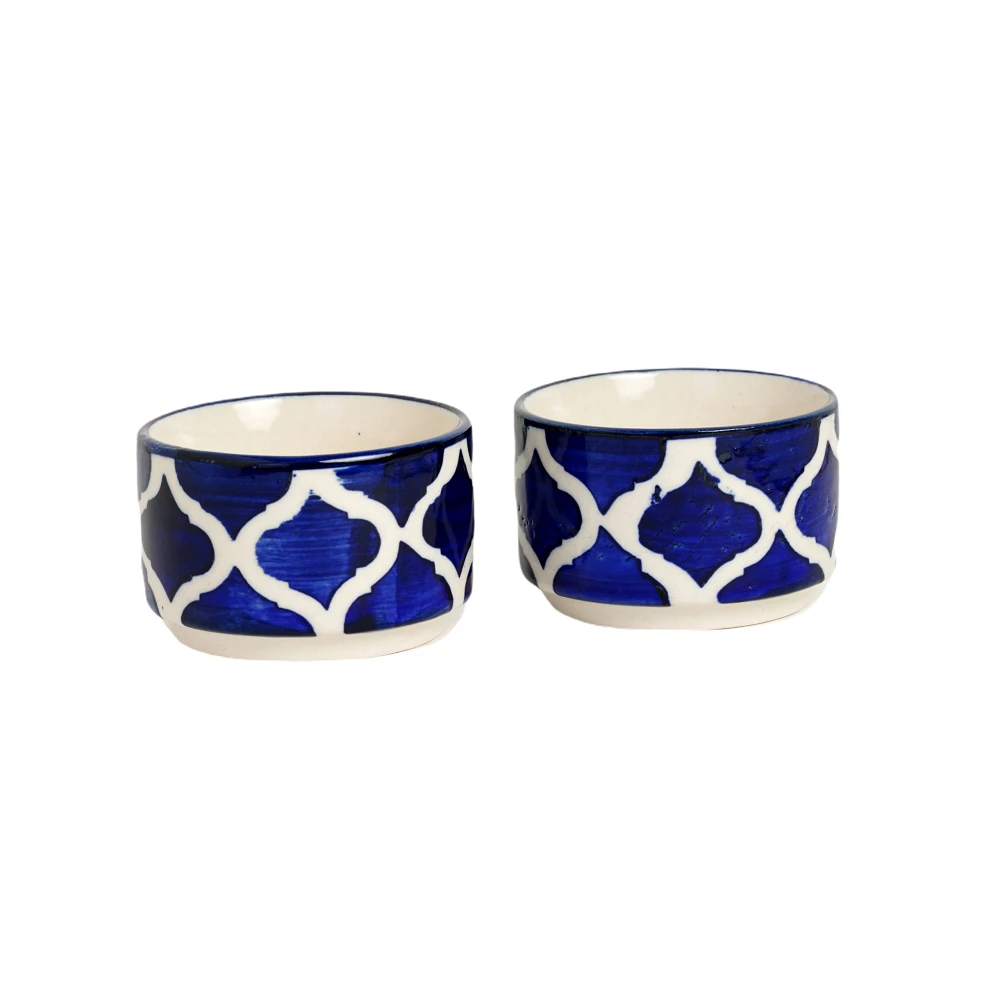 HOUSELA Handpainted Moroccan/Umrao Pattern Ceramic Dip Bowl/Chutney Bowl/Pickle Bowl/Sauce Bowl/Small Katori Set in Round Shape (40 ML, Small, Set of 6 (Blue & White)