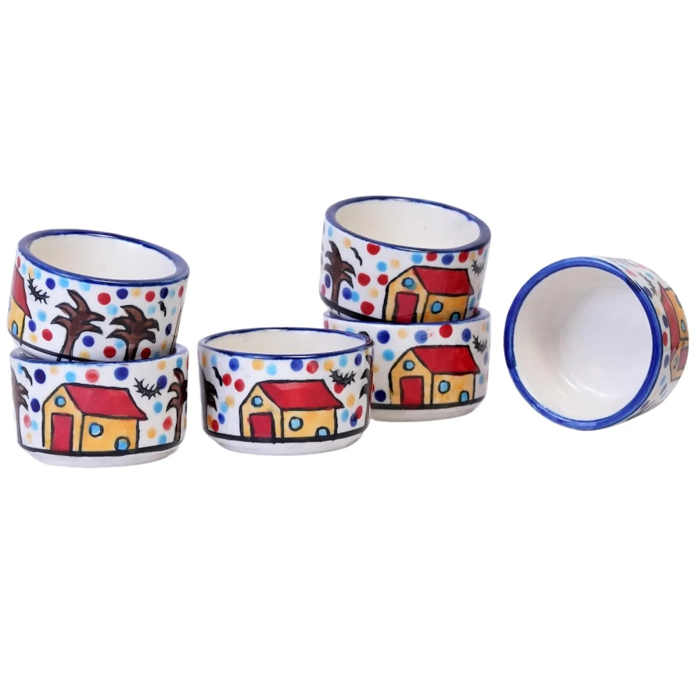 Rudrart Creations Handpainted 6 Dips of Hut Ceramic Dip Bowl/Chutney Bowl/Pickle Bowl/Sauce Serving Bowl Set (50 ML, Small, 6-Pieces, Multicolour, Cartoon Shape Round)