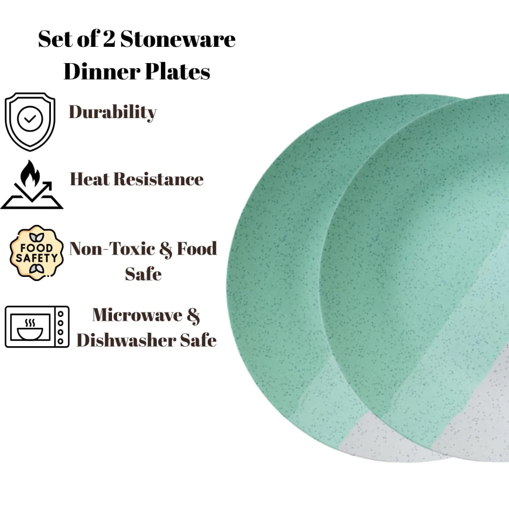 Set of 2 Modern Ceramic Dinner Plates – 10.6'' Speckled Stoneware Plates with Half Mint Green & White Design/Microwave & Dishwasher Safe