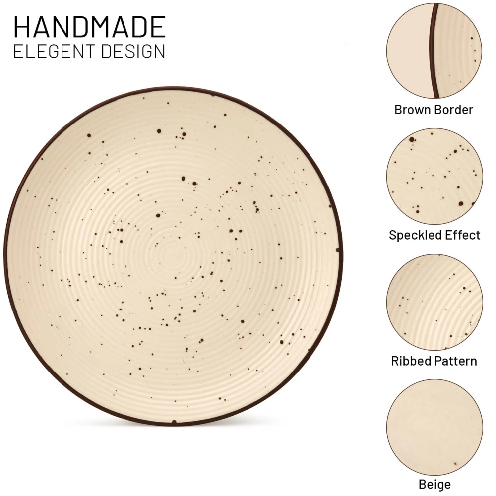HOUSELA Cream Ribbed Stoneware Dinner Plates 10.6 Inch Set of 4 Pcs Ceramic Plates for Dinner | Microwave & Dishwasher Safe | Off White
