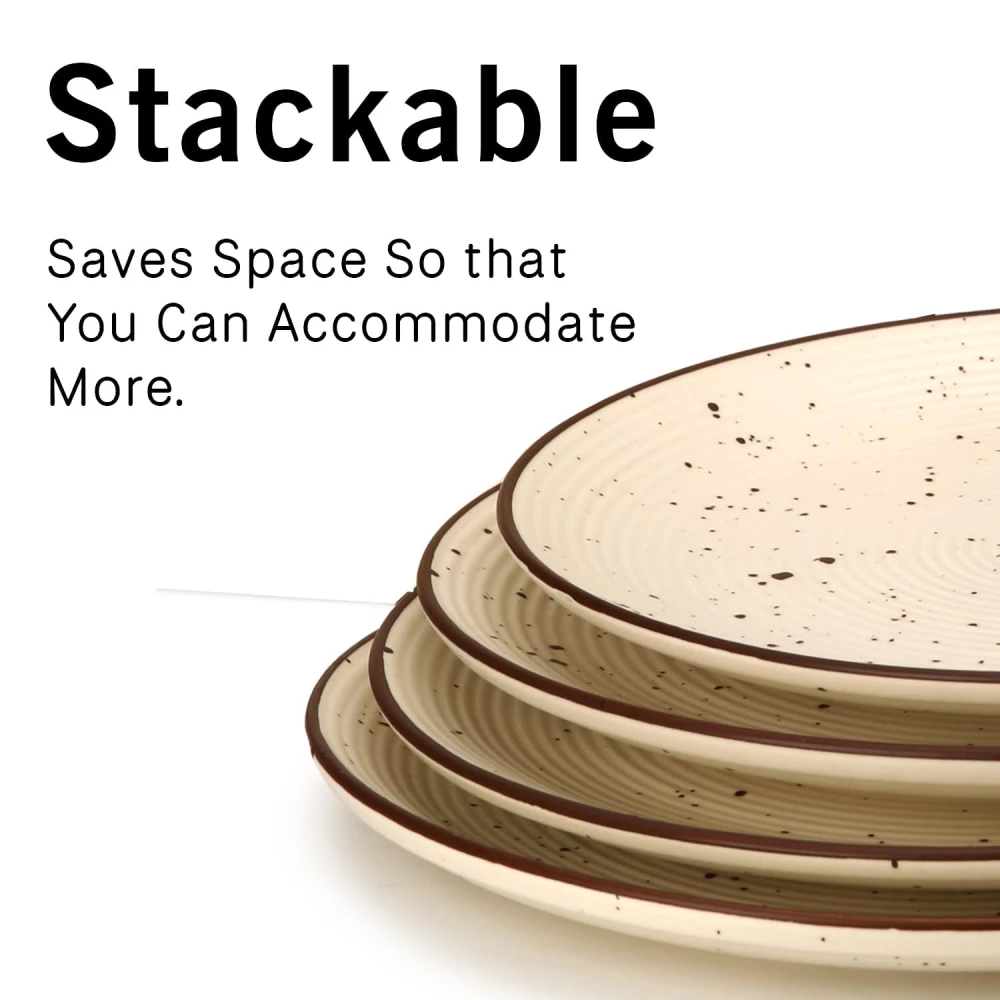 HOUSELA Cream Ribbed Stoneware Dinner Plates 10.6 Inch Set of 4 Pcs Ceramic Plates for Dinner | Microwave & Dishwasher Safe | Off White