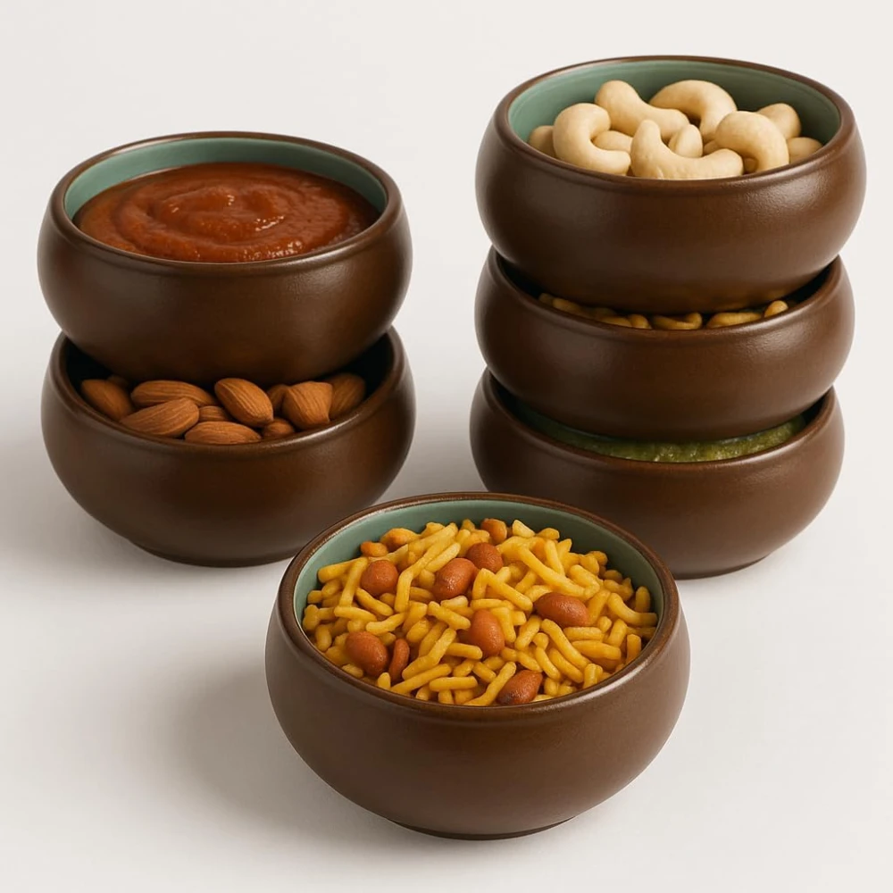 HOUSELA Handcrafted Ceramic Serving Bowls – Set of 6 | Dual Tone (Brown & Teal) | 150 ml Each | Microwave & Dishwasher Safe