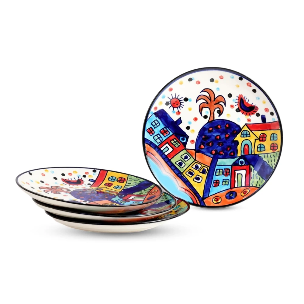 HOUSELA Hut-Handcrafted Hut Dining Quarter Plates Pair Handpainted Ceramic Dinner Plates (7 Inches, 4 Pieces, Microwave & Dishwasher Safe)-Multicolor