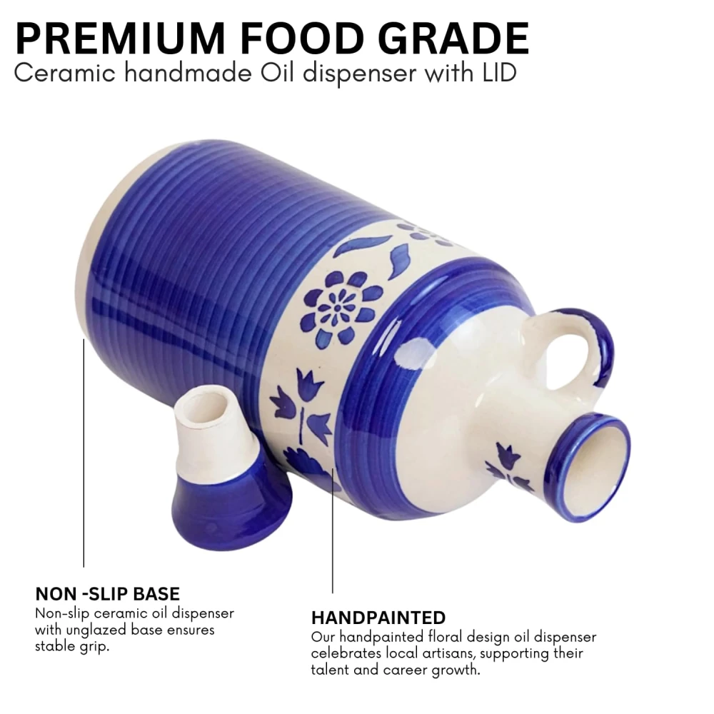HOUSELA Handprinted Ceramic Oil Dispenser With Lid Bottle for Kitchen | 1000Ml Capacity | Perfect for Kitchen Use | Ideal for Storing Cooking Oil 100% Food & Microwave Safe - Blue, 1 Litres
