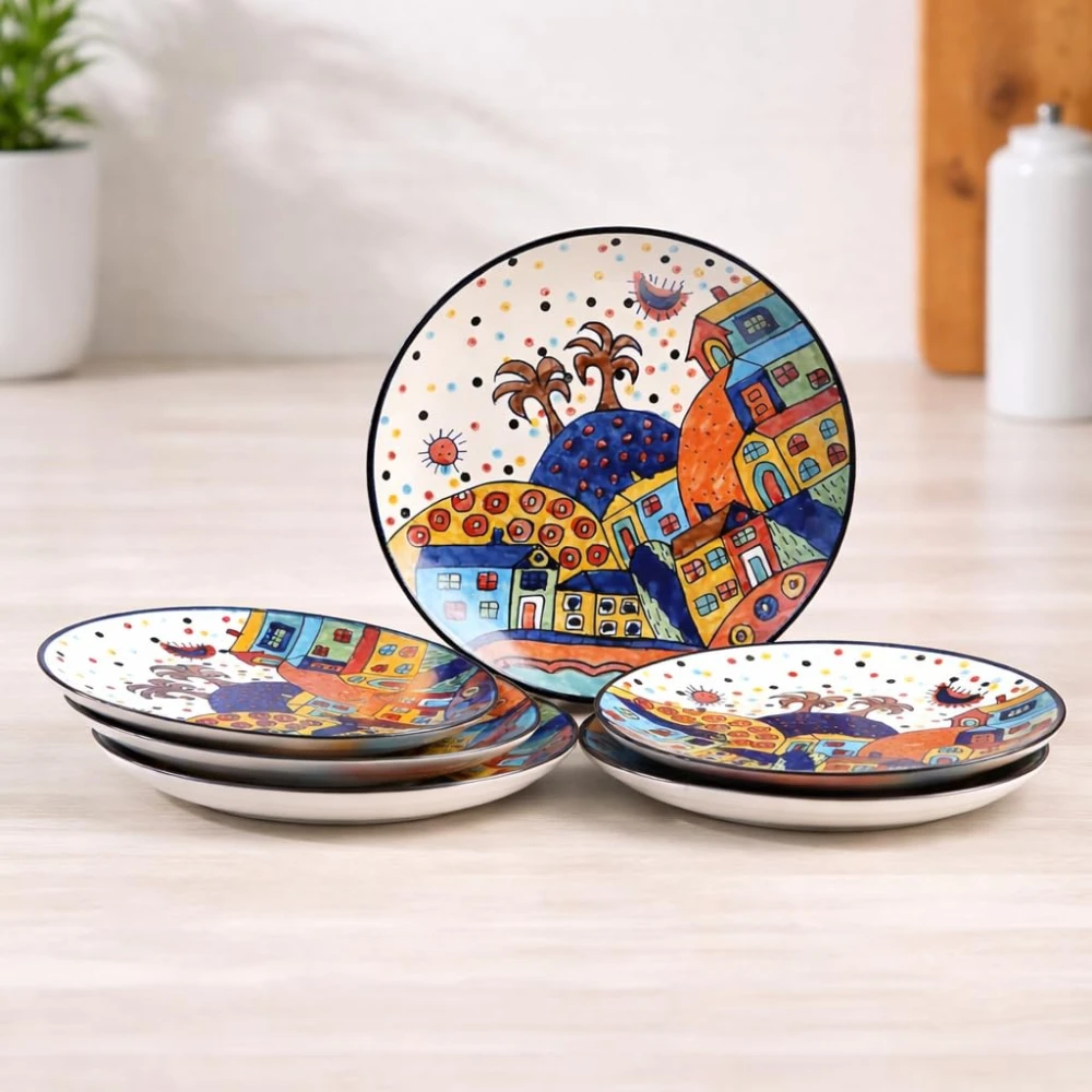 HOUSELA Hut Dining Hand-Painted Stoneware Premium Ceramic 10-inch Dinner Plate Set of 6 Pcs | Bone Ash Free | Microwave and Dishwasher Safe - Multicolor