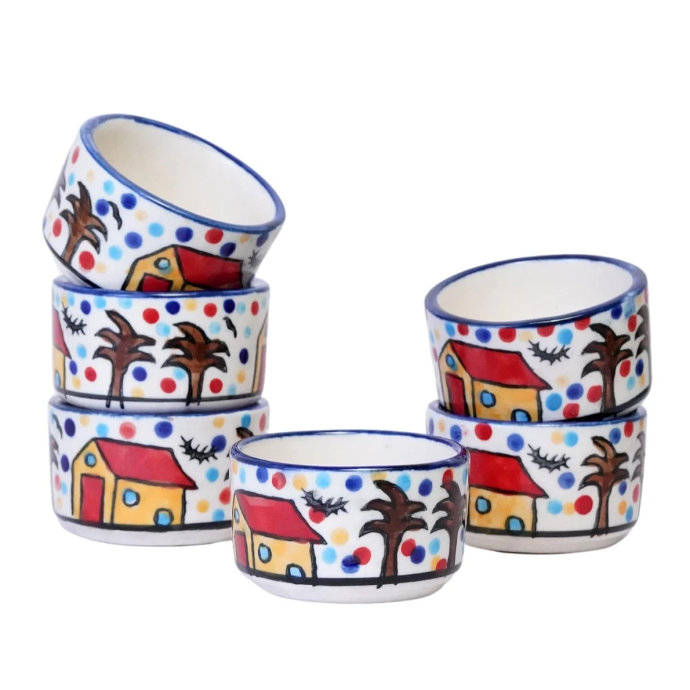 HOUSELA Hand Painted White Ceramic Bowl for Serving Chutney Bowl Sauce Bowl Pickle Bowl Set of 6 Pcs
