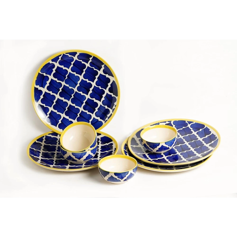 Hand-Painted Ceramic Dinner Set – Blue & Yellow Moroccan Design Plates & Bowls Set | Premium Stoneware Dining Tableware | Microwave & Dishwasher Safe | Stylish Dinnerware for Home & Kitchen