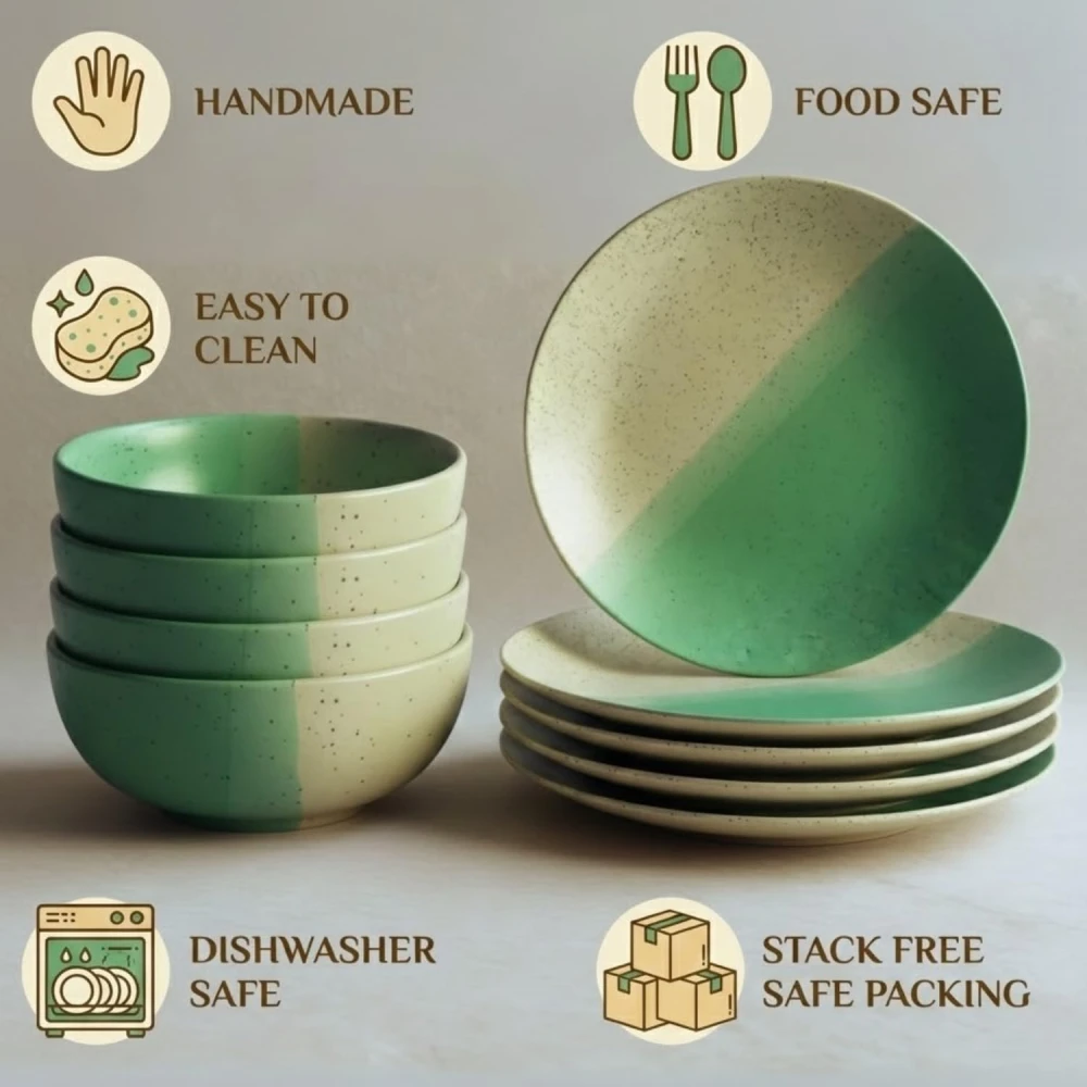 Ceramic Serving Set | 6 Dinner Plate & 6 Bowl | Dual Tone Green & Beige Speckled Design for Snacks, Meals & Appetizers