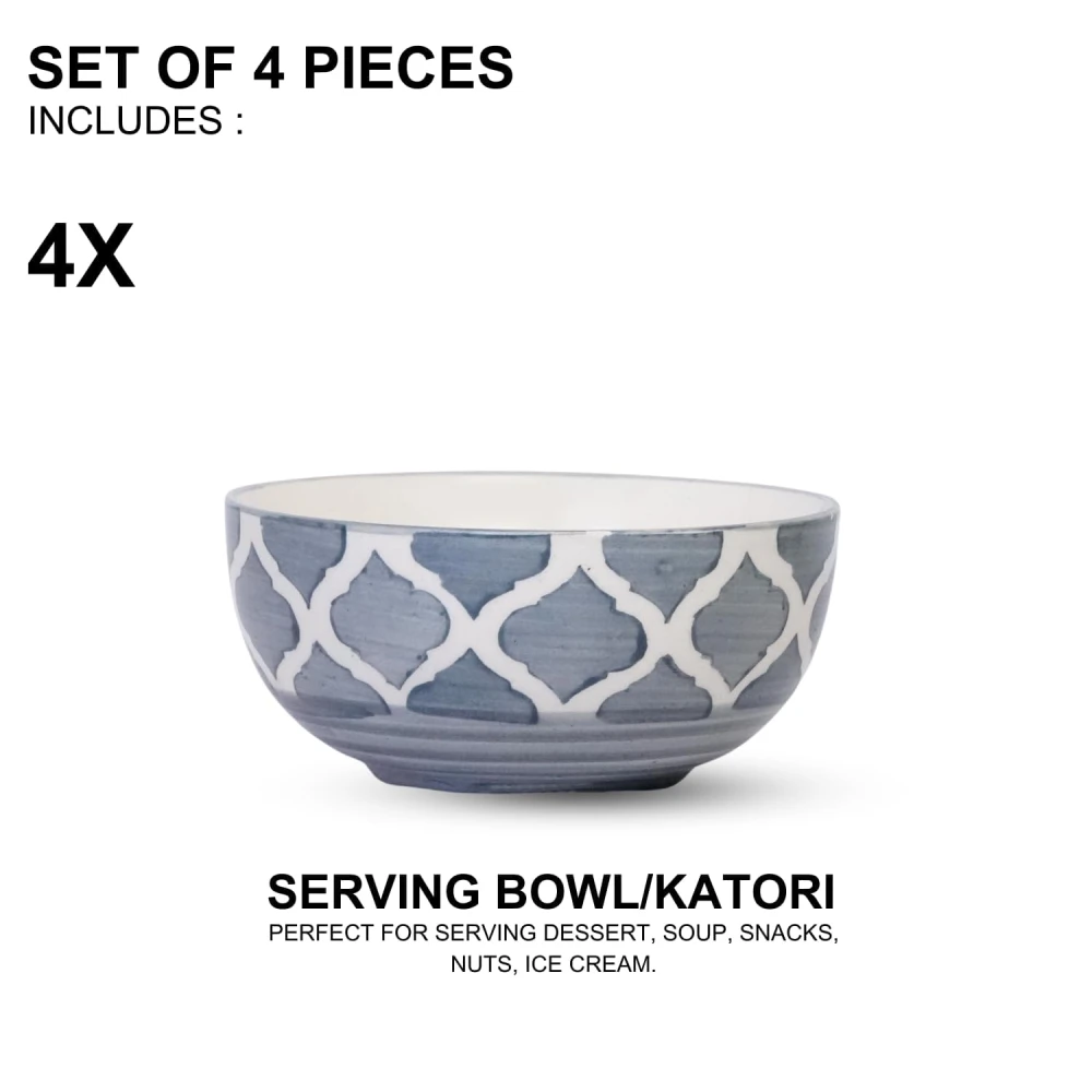 HOUSELA Creations Hand-Painted Umrao-Moroccan Design Bowls Set | Perfect for Serving Snacks, Rice, Dal, Fruits, Salad | BPA & Lead-Free Ceramic Dinner Bowls for Safe | - (Design 3, Set of 4)