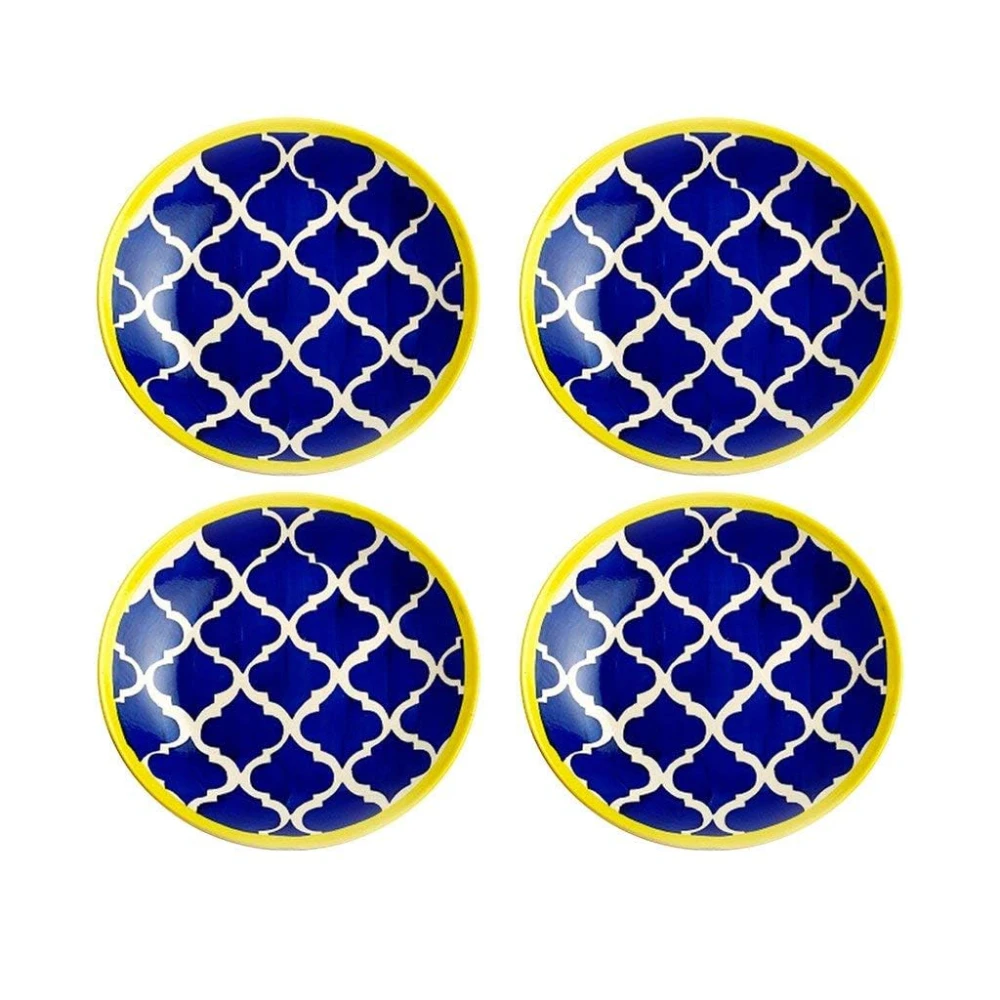 Hand-Painted Stoneware Moroccan Premium Ceramic 10-inch Big Plate Set of 4 Pcs | Bone Ash Free | Microwave and Dishwasher Safe - Blue