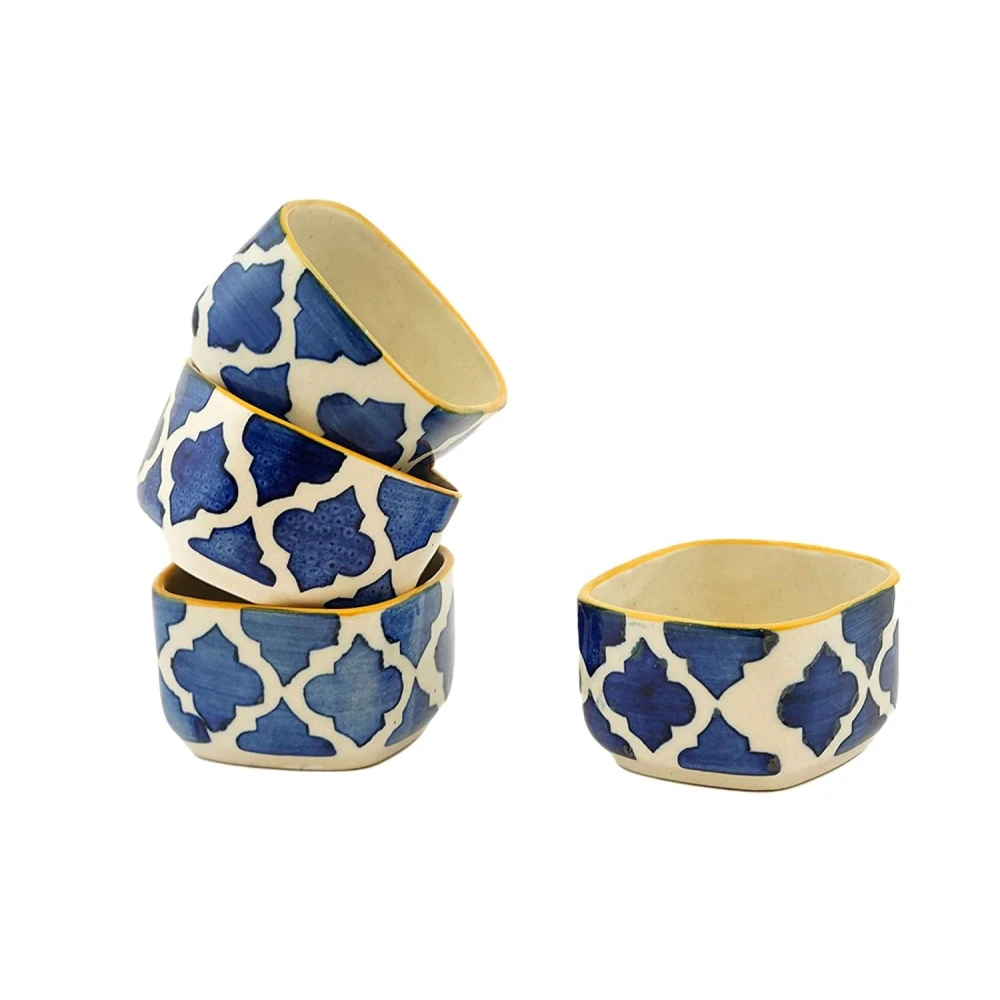 HOUSELA Stoneware Blue Classic Moroccan Pattern Chutney/Serving/Dessert/Dip/Bowl -Set of 4(Square Shape,Microwave & Dishwasher Safe