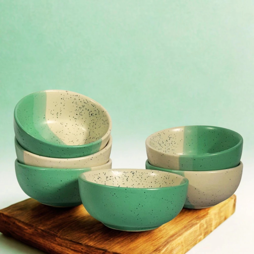 HOUSELA Handmade Dual-Tone Ceramic Bowls Set of 6 – Speckled Green & White Serving Bowls