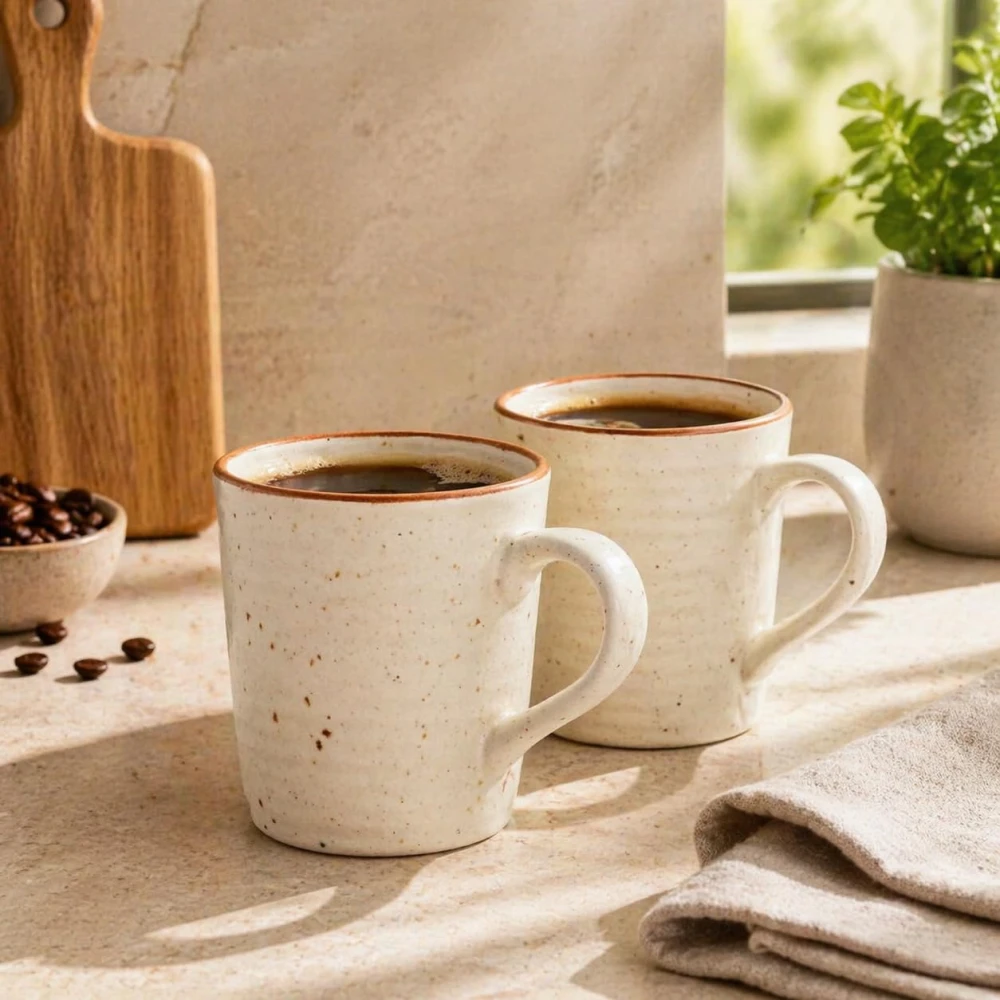 Rudrart Creations White Tall Ceramic Coffee Mug by Essential Drinkware, Set of 2 - Large Handles, Dishwasher and Microwave Safe