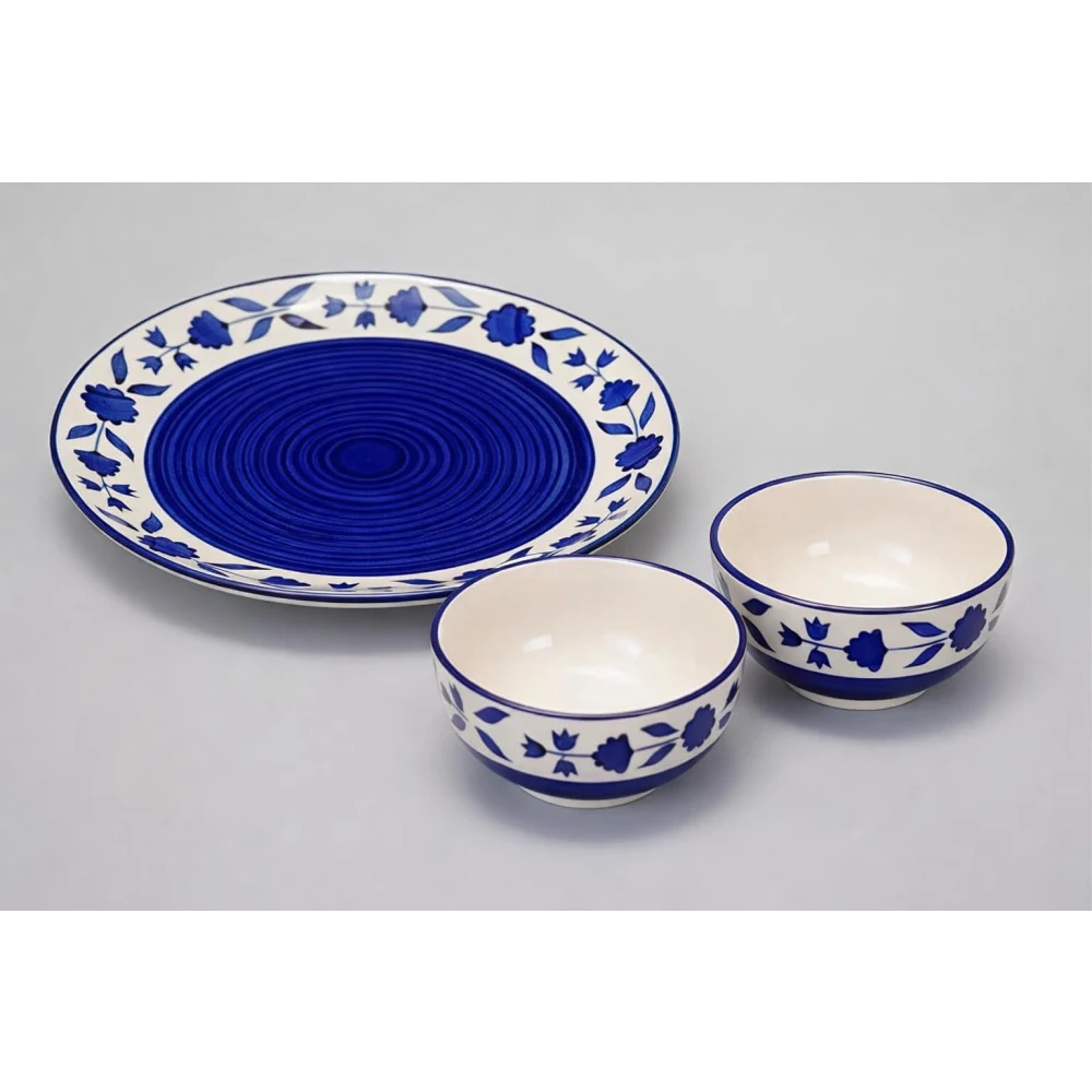 Hand-Painted Floral Ceramic Dinner Set of 3 Pcs | 1 Ceramic Dinner Plate and 2 Bowl/katori | Bone Ash Free | Microwave and Dishwasher Safe - Blue