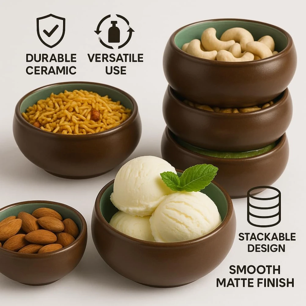 HOUSELA Handcrafted Ceramic Serving Bowls – Set of 6 | Dual Tone (Brown & Teal) | 150 ml Each | Microwave & Dishwasher Safe