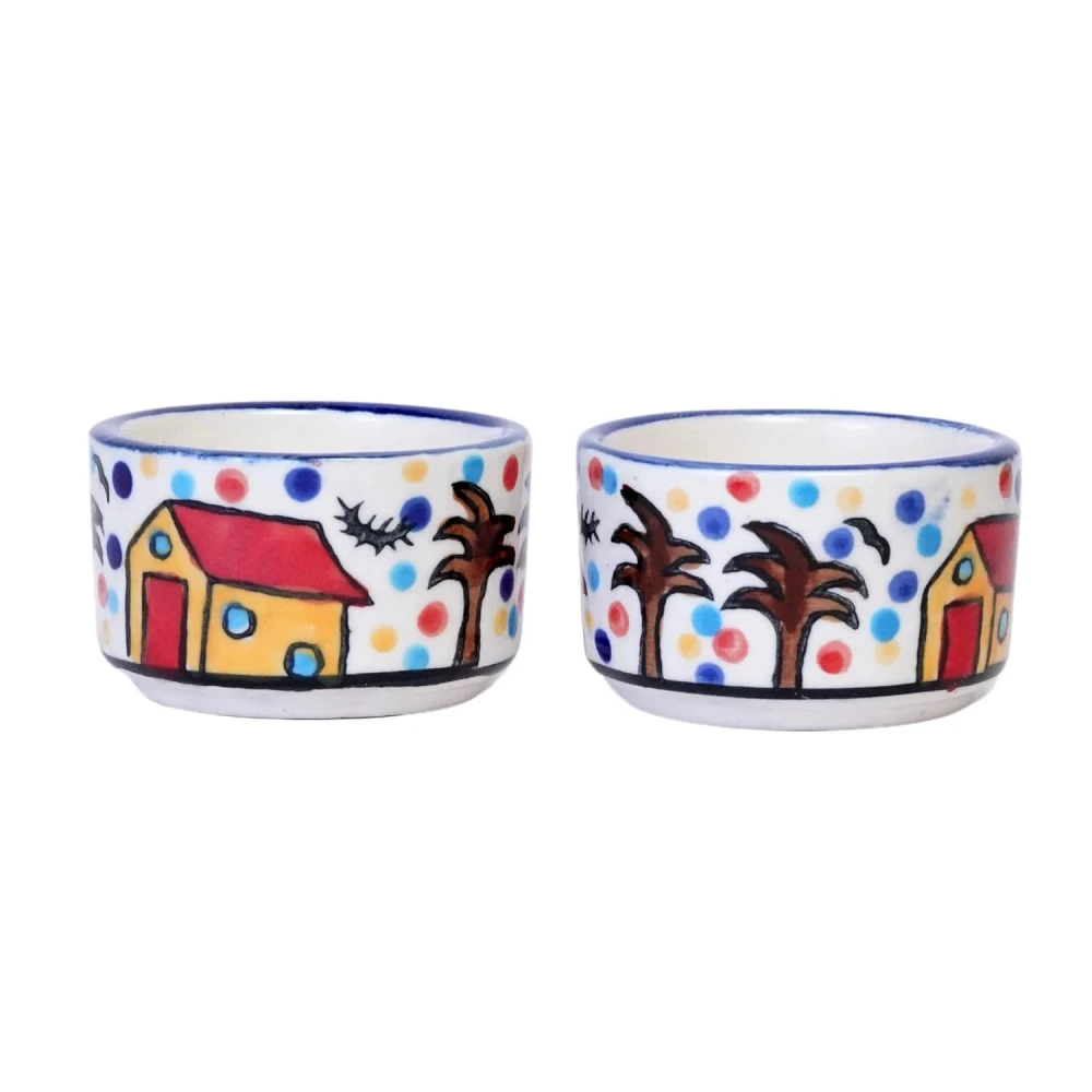 Rudrart Creations Handpainted 2 Dips of Hut Ceramic Dip Bowl/Chutney Bowl/Pickle Bowl/Sauce Serving Bowl Set (50 ML, Small, 2-Pieces, Multicolour, Cartoon Shape Round)