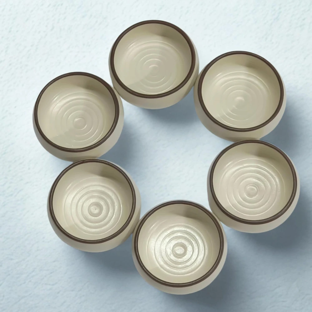 HOUSELA Ceramic Serving Bowls Set of 6-150ml Small Bowls Cream Brown Rim | Microwave Safe for Snacks Chutney Dessert Dips