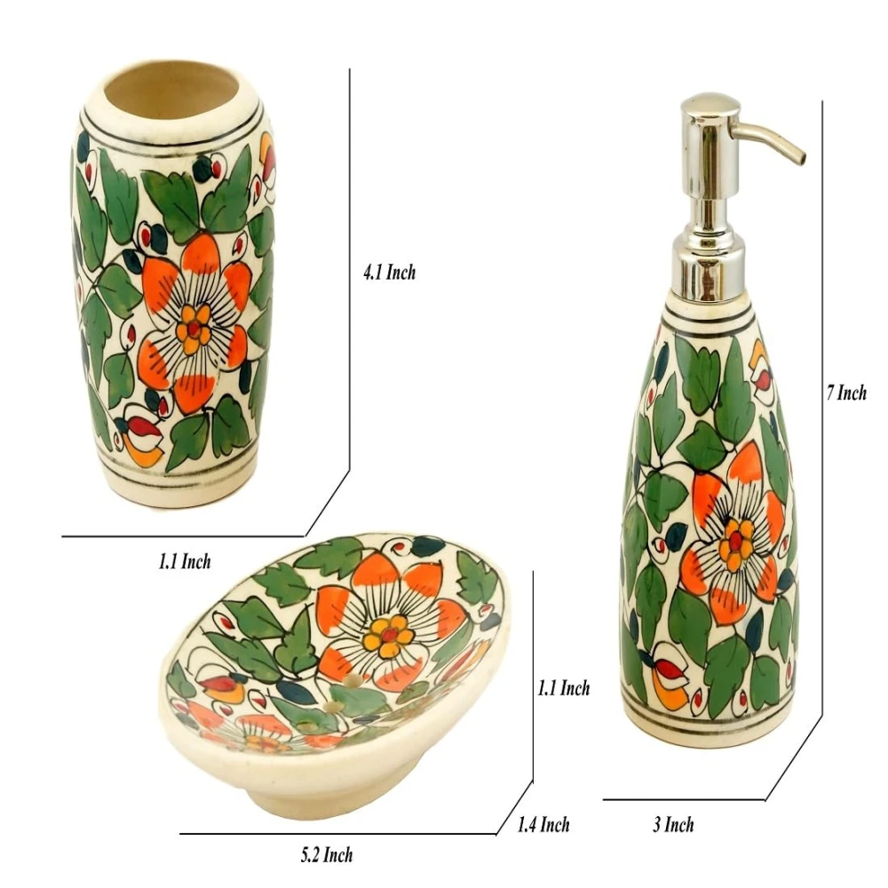 Rudrart Creations Decorated Floral Design Ceramic Bath Decor Bathroom Accessory Set of 3 (Liquid Soap Dispenser, Toothbrush Holder, Soap Tray)