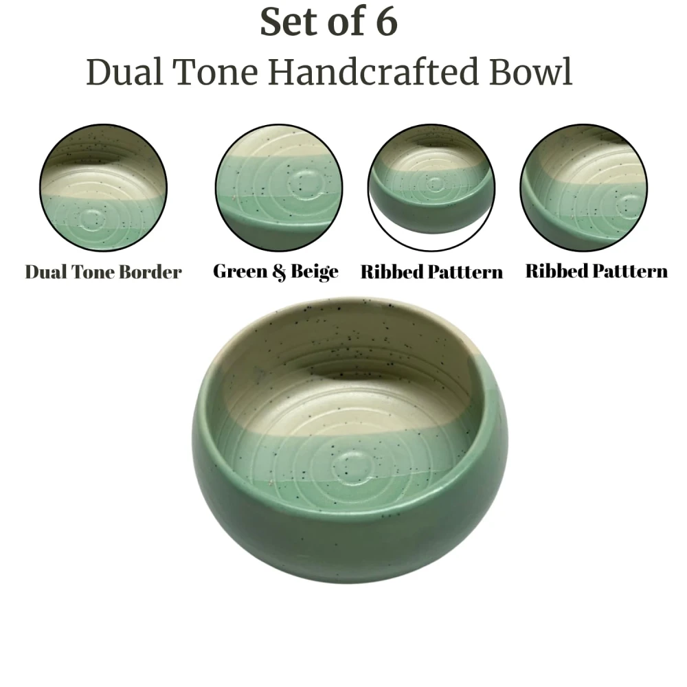HOUSELA Handcrafted Ceramic Dip Bowls Set of 6 – Dual Tone Green & Beige | Small Serving Bowls for Snacks, Dips & Desserts