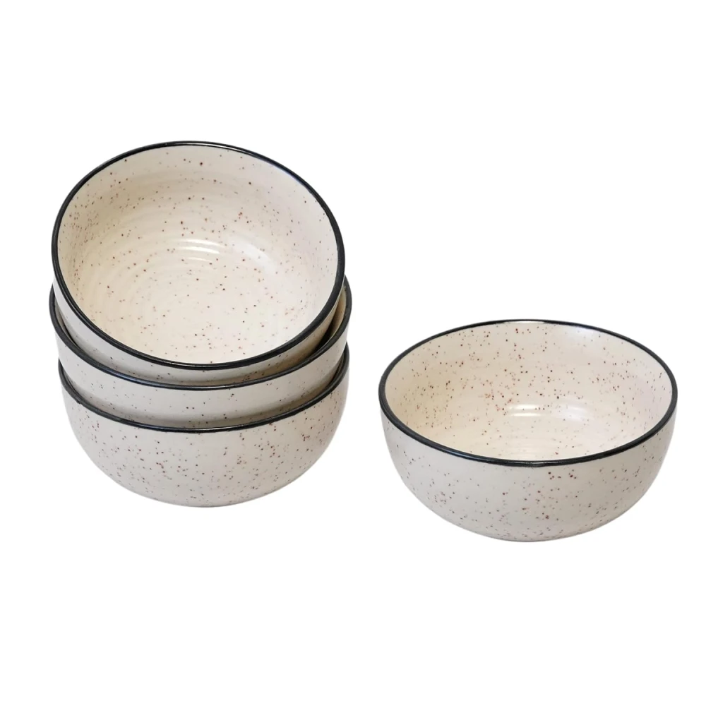 HOUSELA Hand-Painted White Ceramic Black Dotted Speckled Bowl Set of 4 (120ml) | Small Serving Soup Bowls, Cereal Bowl, Pasta Bowls | Dishwasher & Microwave Safe - Off White