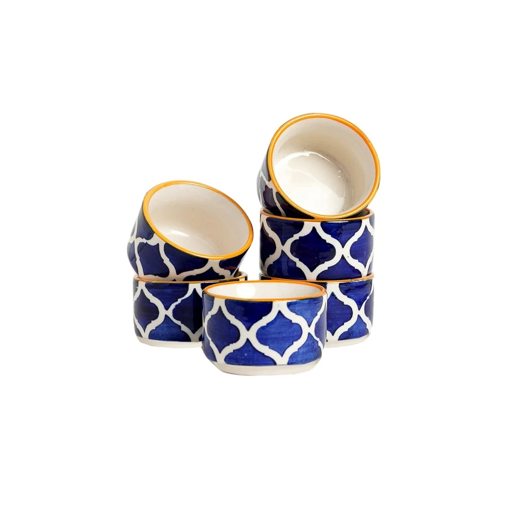 HOUSELA Handpainted Moroccan/Umrao Pattern Ceramic Dip Bowl/Chutney Bowl/Pickle Bowl/Sauce Bowl/Small Katori Set in Round Shape (40 ML, Small, Set of 6 (Blue & White) for home