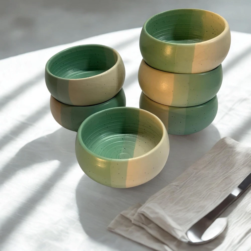 HOUSELA Handcrafted Ceramic Dip Bowls Set of 6 – Dual Tone Green & Beige | Small Serving Bowls for Snacks, Dips & Desserts