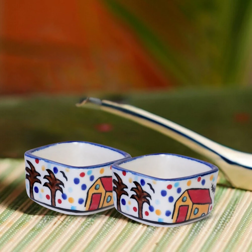 HOUSELA Hand Painted White Ceramic Square Shape Bowl for Serving Chutney Bowl Sauce Bowl Pickle Bowl Set of 2 Pcs