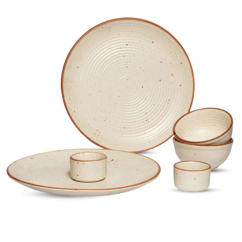 Housela Hand-Painted Ceramic Dinner Set of 12 | 4 Stoneware Dinner Plates 10 Inch, 4 Serving Bowls 180 ml & 4 Dip Bowls 2.4 Inch | Handmade Off-White Tableware | Microwave & Dishwasher Safe