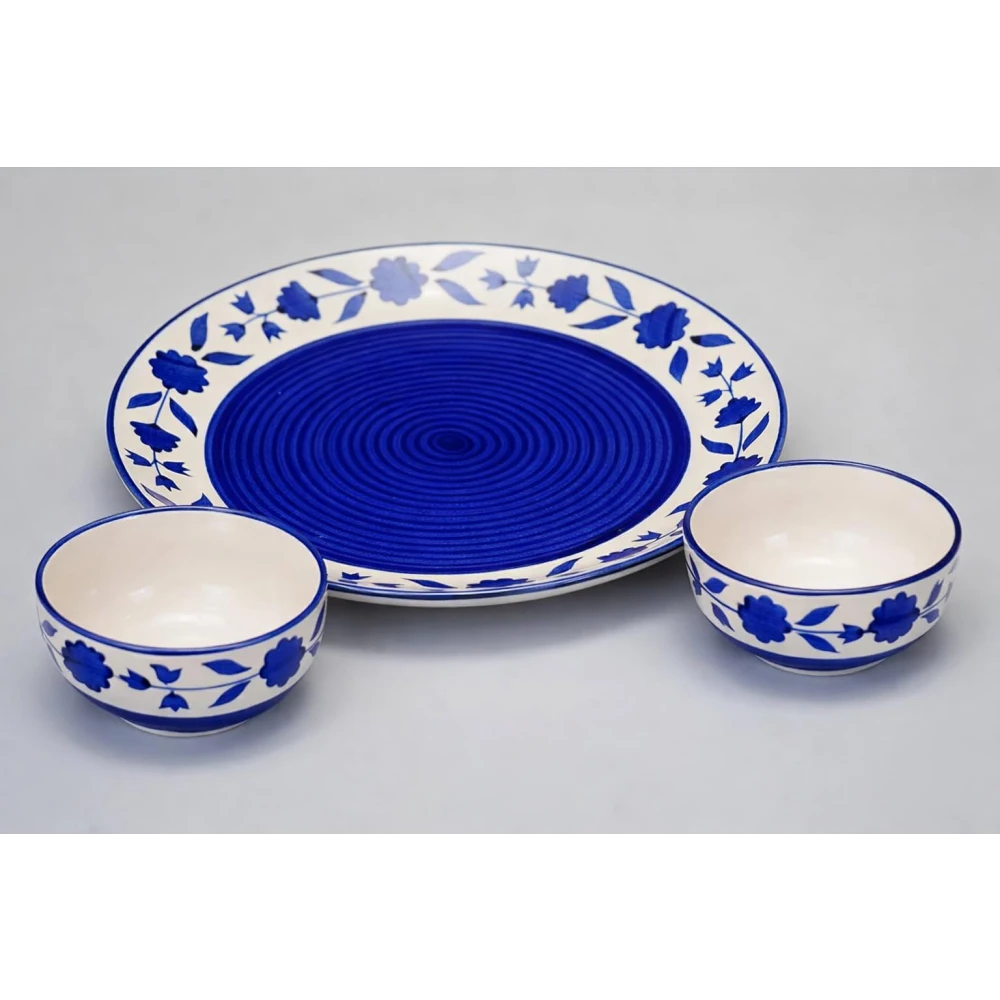 Hand-Painted Floral Ceramic Dinner Set of 3 Pcs | 1 Ceramic Dinner Plate and 2 Bowl/katori | Bone Ash Free | Microwave and Dishwasher Safe - Blue