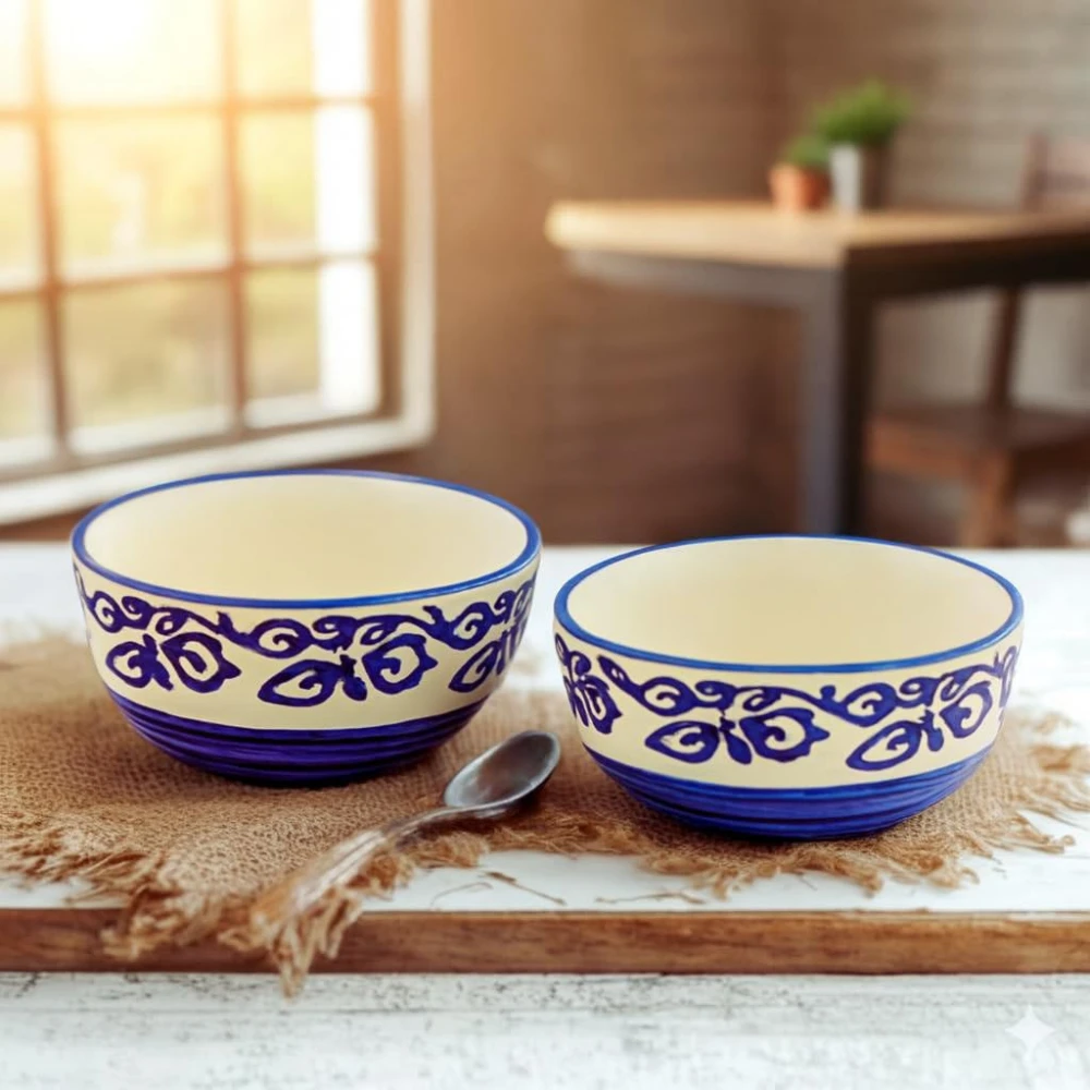 HOUSELA Hand-Painted Multicolored Ceramic Floral Bowls Set Ceramic Vegetable Bowl/Dessert Bowl/Soup Bowl (Multicolor, Pack of 2)