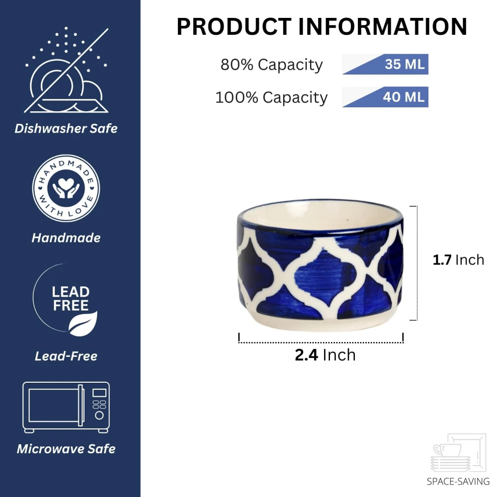 HOUSELA Handpainted Moroccan/Umrao Pattern Ceramic Dip Bowl/Chutney Bowl/Pickle Bowl/Sauce Bowl/Small Katori Set in Round Shape (40 ML, Small, Set of 2 (Blue & White)