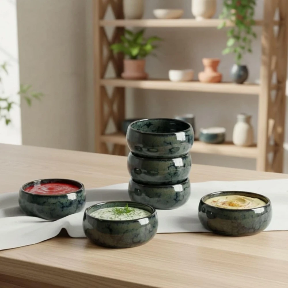 HOUSELA Studio Pottery Blue Glazed Ceramic Bowls – 6 Pc Set for Snacks, Sides & Desserts