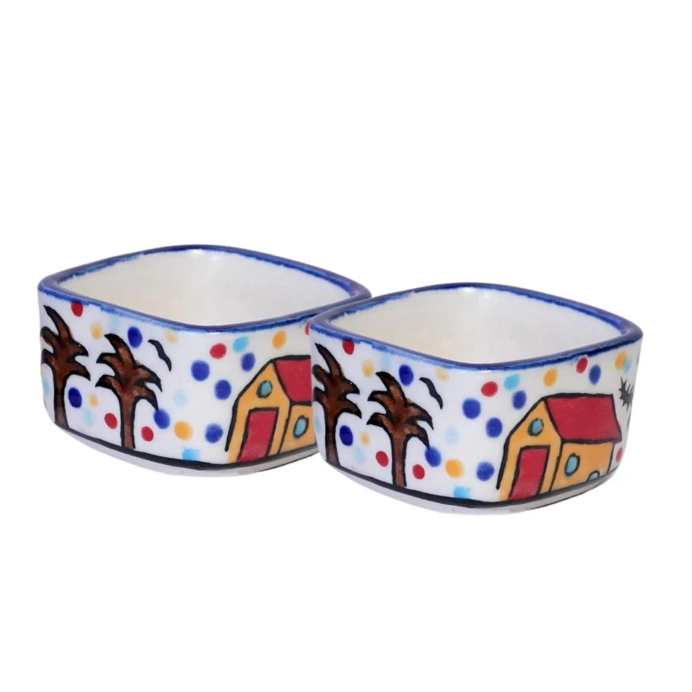HOUSELA Handpainted Hut Ceramic Dip Bowl Chutney Bowl Pickle Bowl Sauce Serving Bowl (50 ML, Small, 6-Pieces, Multicolour, Cartoon Shape Square)