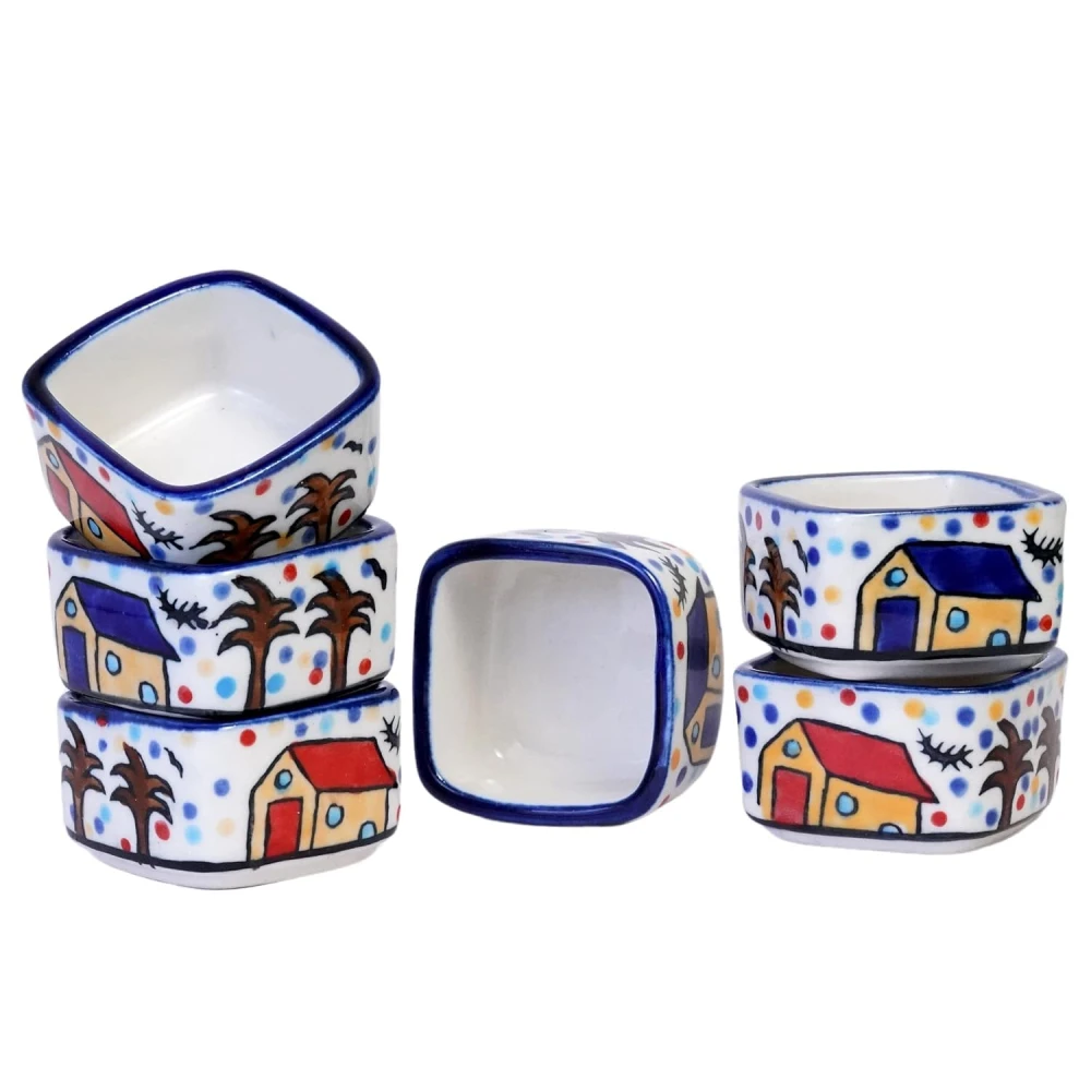 HOUSELA Handpainted Hut Ceramic Dip Bowl Chutney Bowl Pickle Bowl Sauce Serving Bowl (50 ML, Small, 6-Pieces, Multicolour, Cartoon Shape Square)