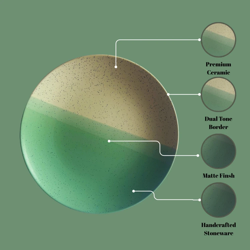 Ceramic Serving Set | 6 Dinner Plate & 6 Bowl | Dual Tone Green & Beige Speckled Design for Snacks, Meals & Appetizers