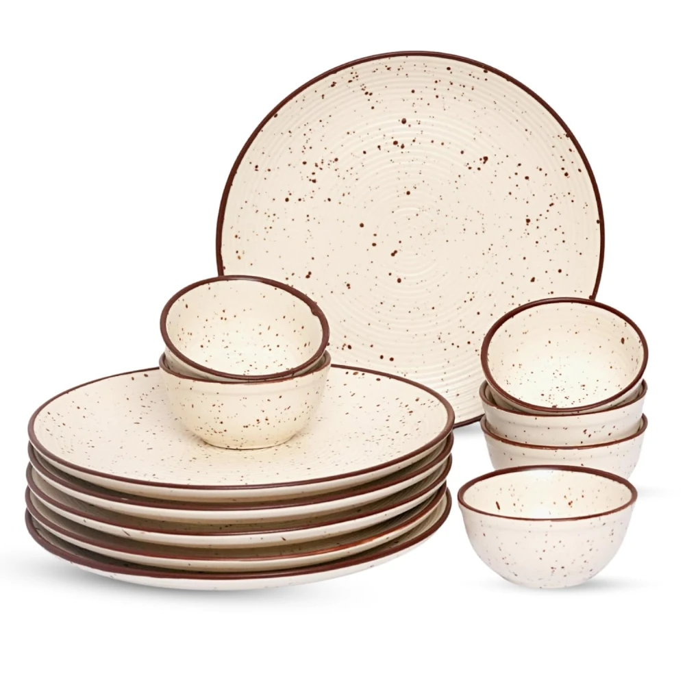 Handcrafted Ceramic Stoneware Dinner Set of 12 Pieces with Serving Bowls | 6 Dinner Plates & 6 Bowl/katori | Bone Ash Free | Microwave and Dishwasher Safe – Off White