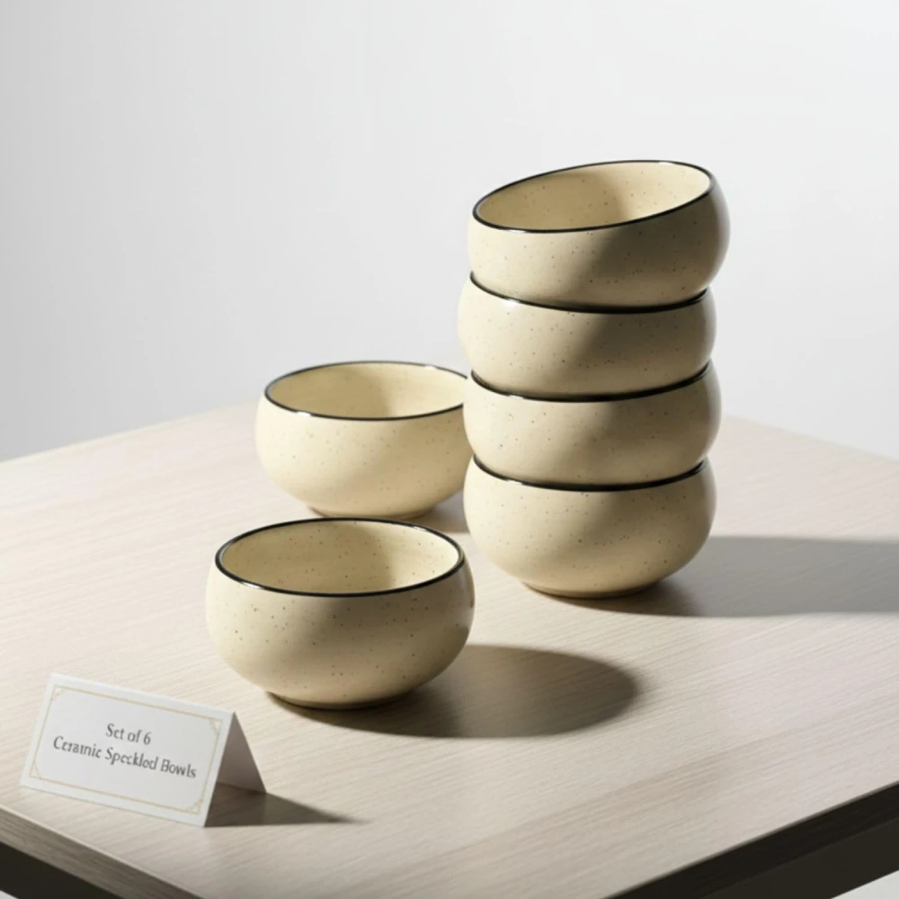 HOUSELA Artisan Ceramic Speckled Bowls, Set of 6, Cream, 150 ML Capacity, Modern Minimalist Style for Soup, Cereal, Salad
