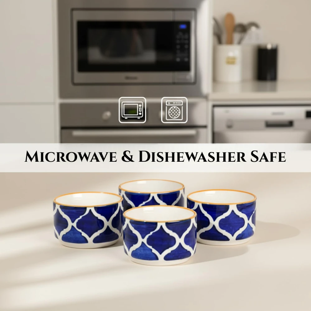 Handcrafted Ceramic Katori Bowl Set of 6, Blue | Moroccan Design Dip & Sauce Bowls | Elegant Stoneware Serving Bowls for Chutney, Pickle, Dips, Desserts & Kitchen Use | Small Bowls Set